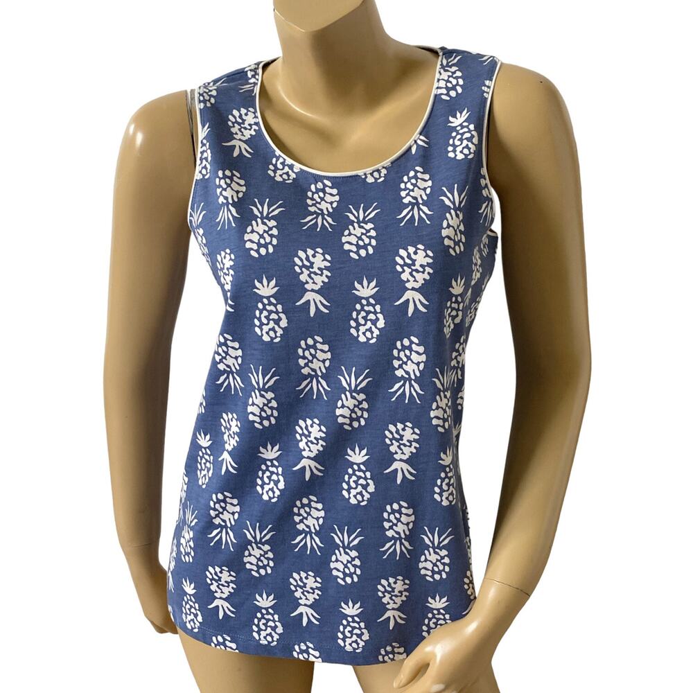 CORAL BAY Womens Petite Size PS Sleeveless Blue White Pineapple Tank Top Shirt